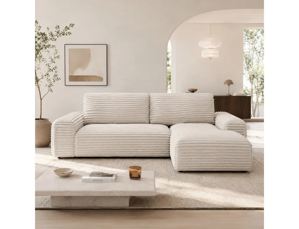 Goldstoff Ecksofa MOUNIR L-Form mit Schlaffunktion und Bettkasten Cord beige - Bild 4