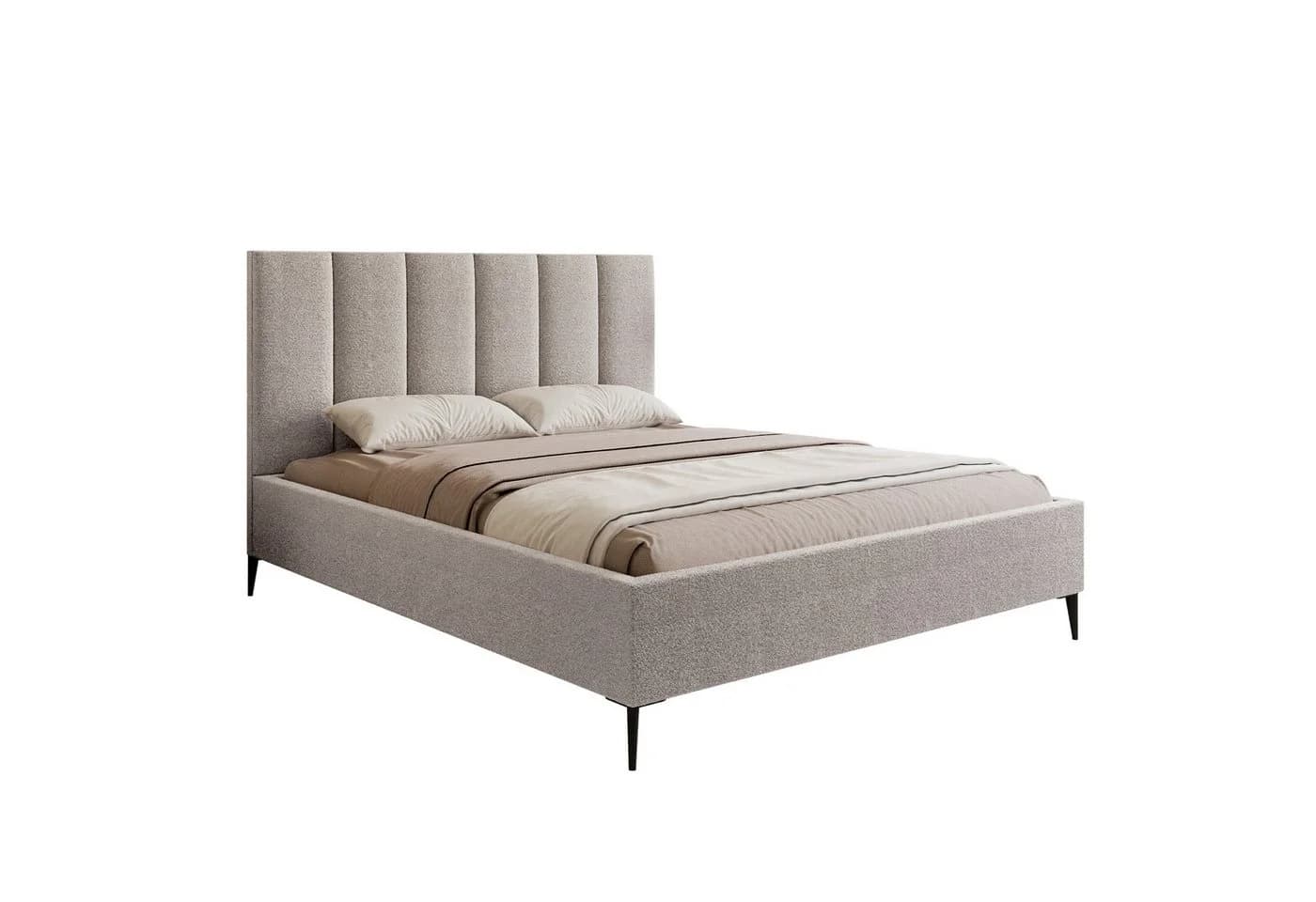 Goldstoff Polsterbett GERMAIN Beige mit Bettkasten und hohem Kopfteil