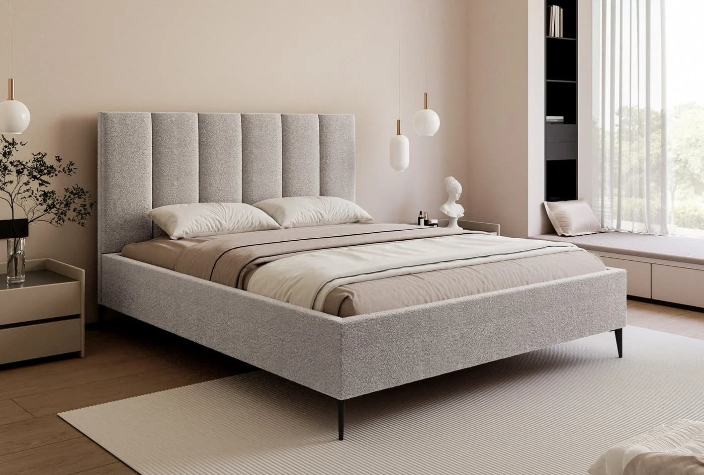 Goldstoff Polsterbett GERMAIN Beige mit Bettkasten und hohem Kopfteil - Bild 2
