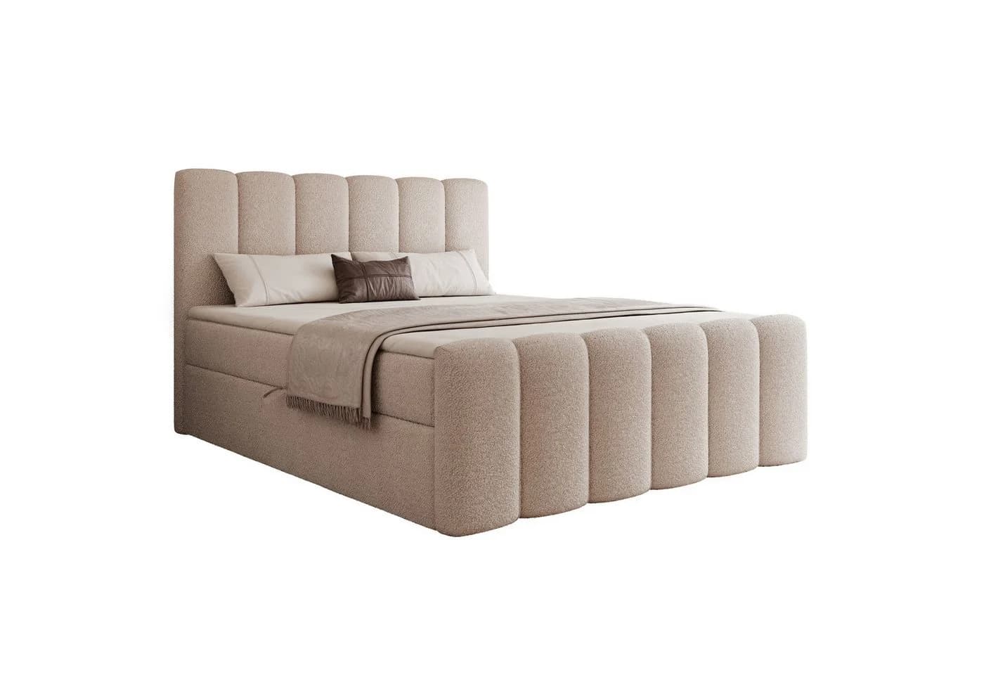 Goldstoff Boxspringbett ETERNA Beige mit Stauraum & hohem Schlafkomfort