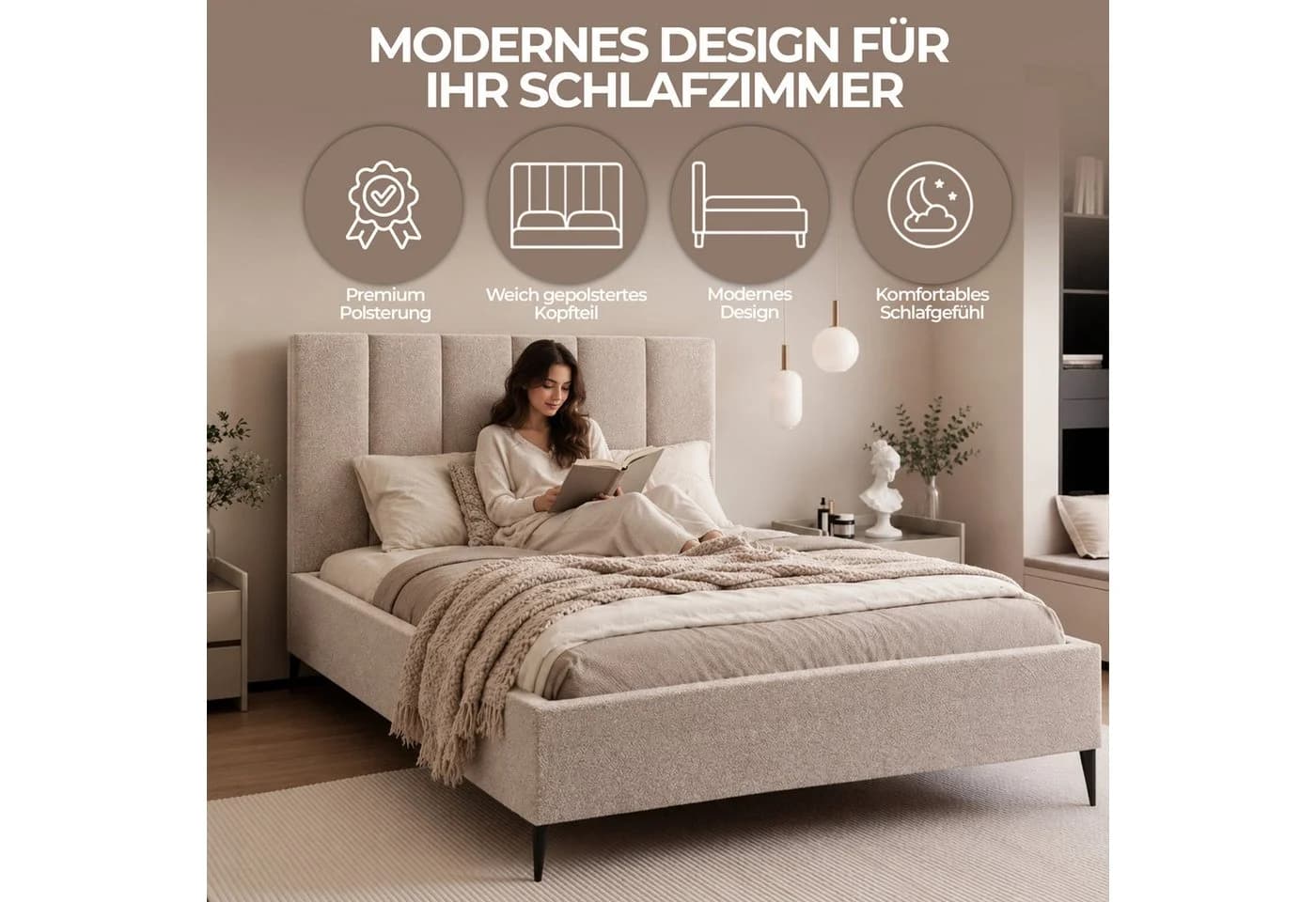 Goldstoff Polsterbett GERMAIN mit Bettkasten und wählbarer Kopfteilhöhe - Bild 5