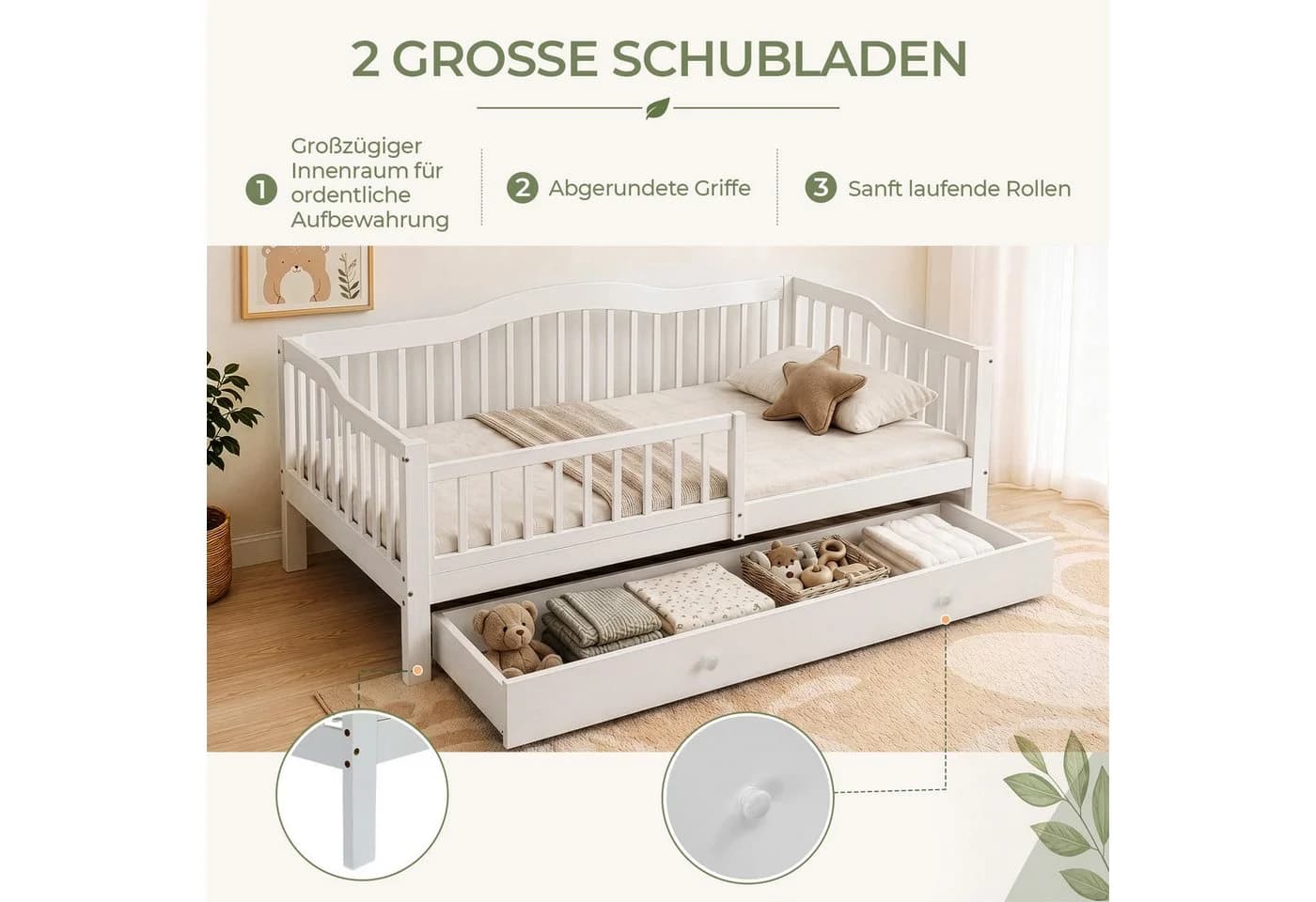 LEADZM Kinderbett mit Schubladen und Schutzgeländer Weiß - Bild 5