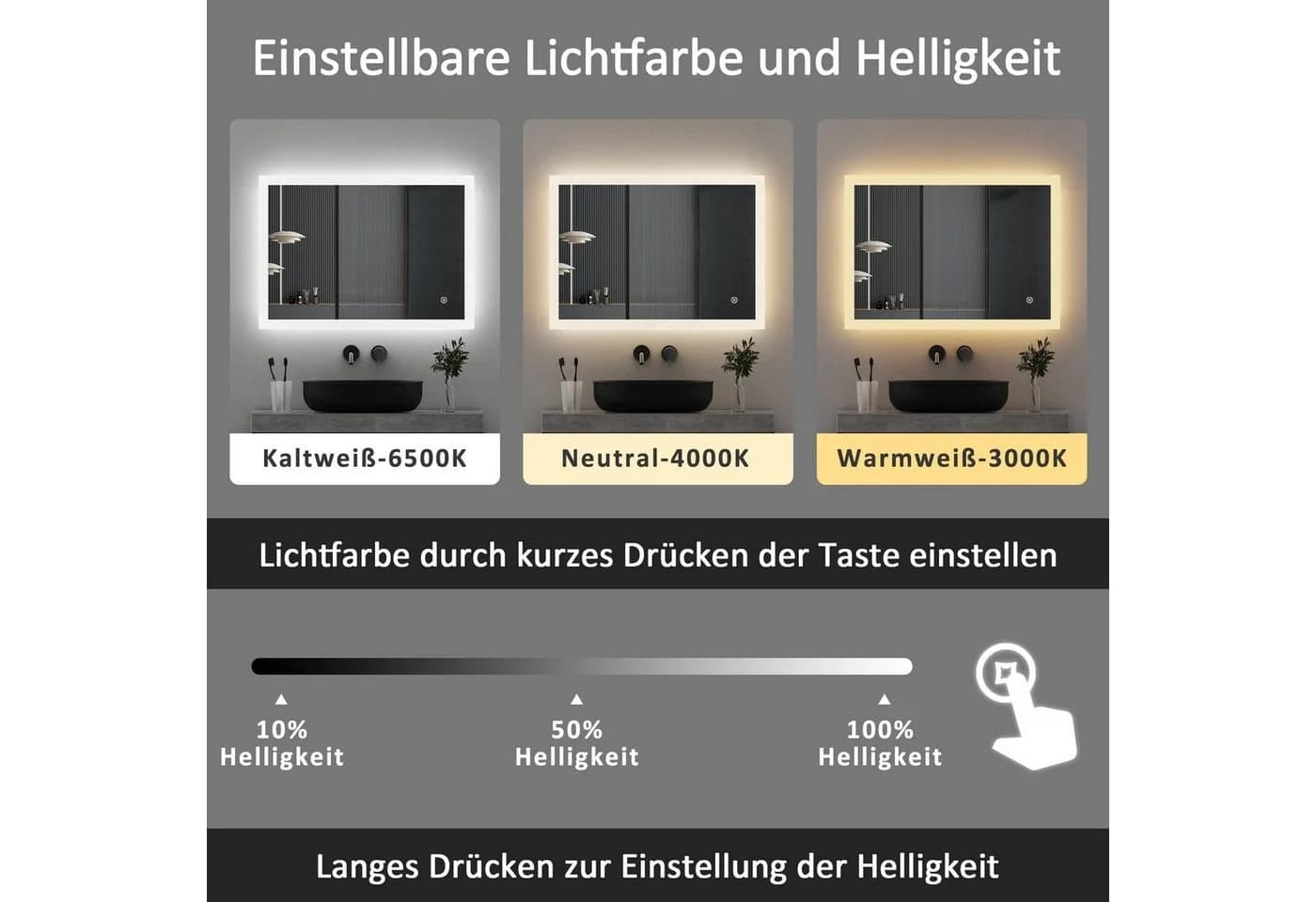 WDWRITTI LED Badspiegel mit Touch, 3 Lichtfarben & Speicherfunktion - Bild 3