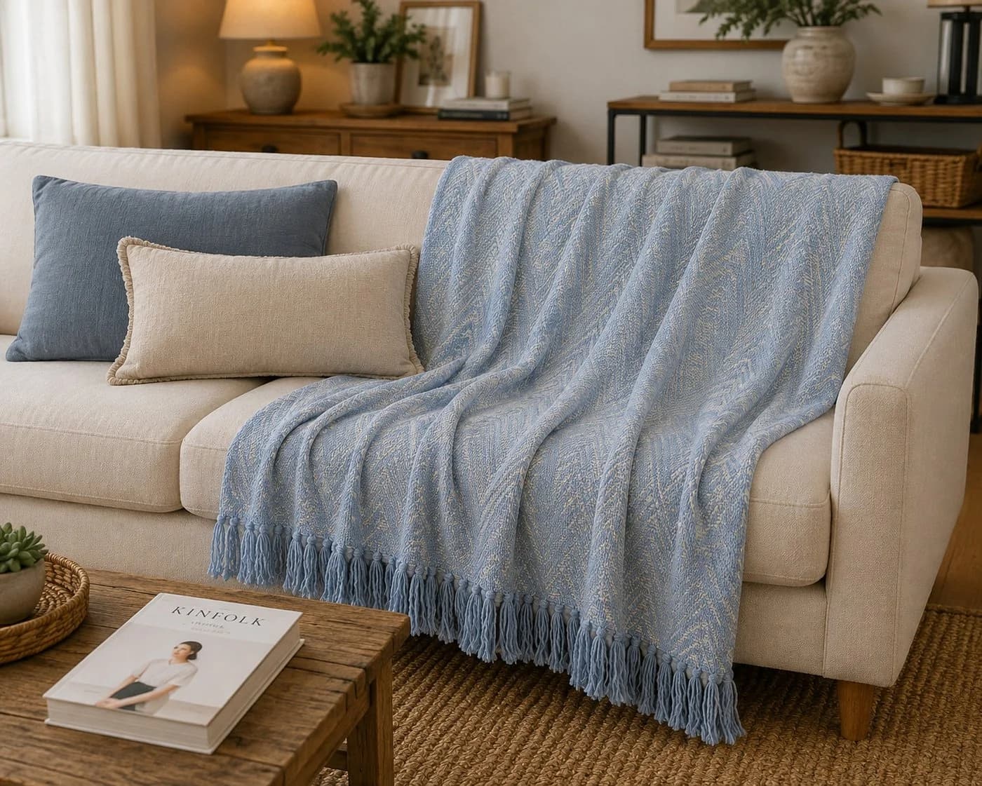 AU Maison Wohndecke mit Fransen 100% Baumwolle Light Blue/Natural