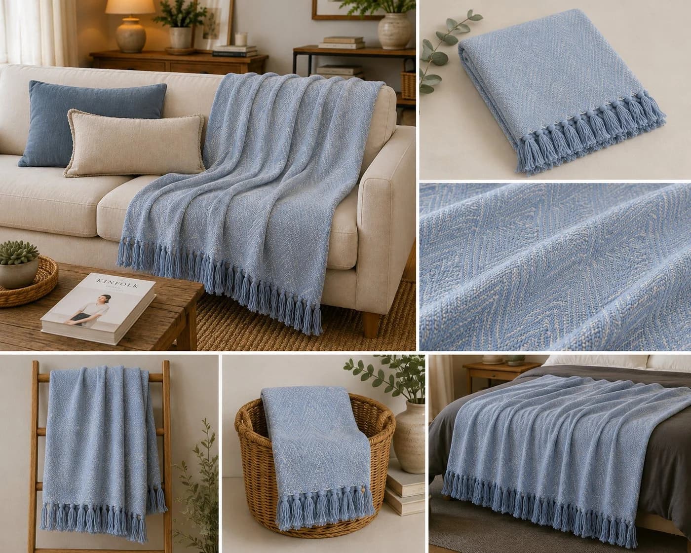 AU Maison Wohndecke mit Fransen 100% Baumwolle Light Blue/Natural - Bild 3