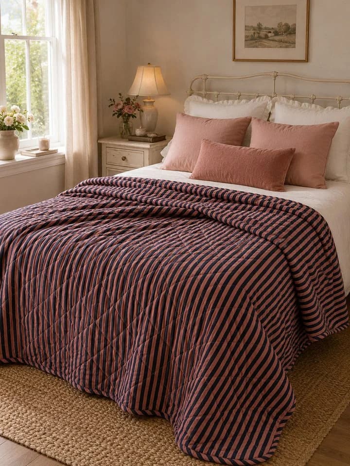 AU Maison Wohndecke gestreift staubiges Pink Quilt-Optik Baumwolle