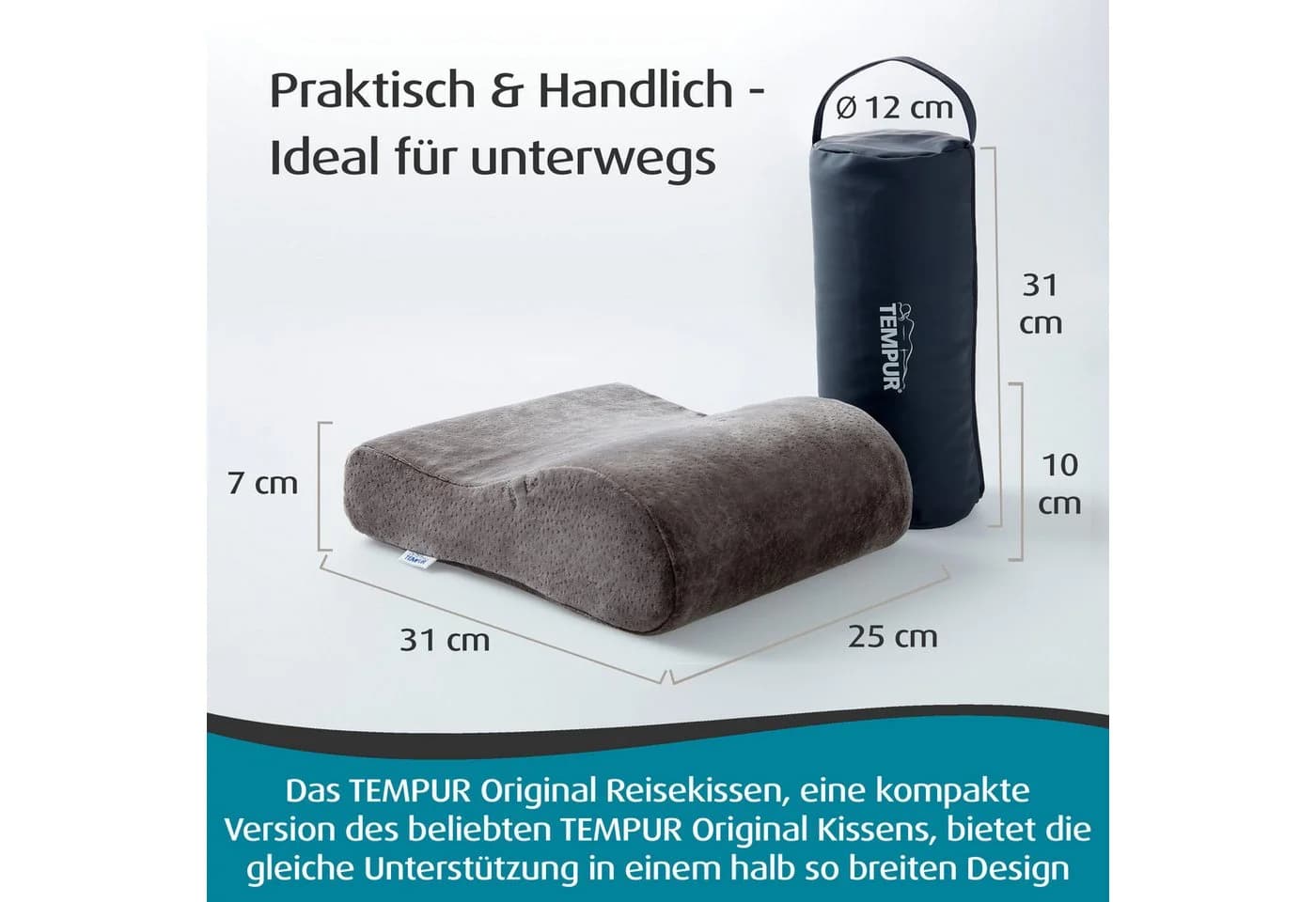 Tempur Reisekissen Anthrazit Ergonomisches Kissen mit Tragebeutel
