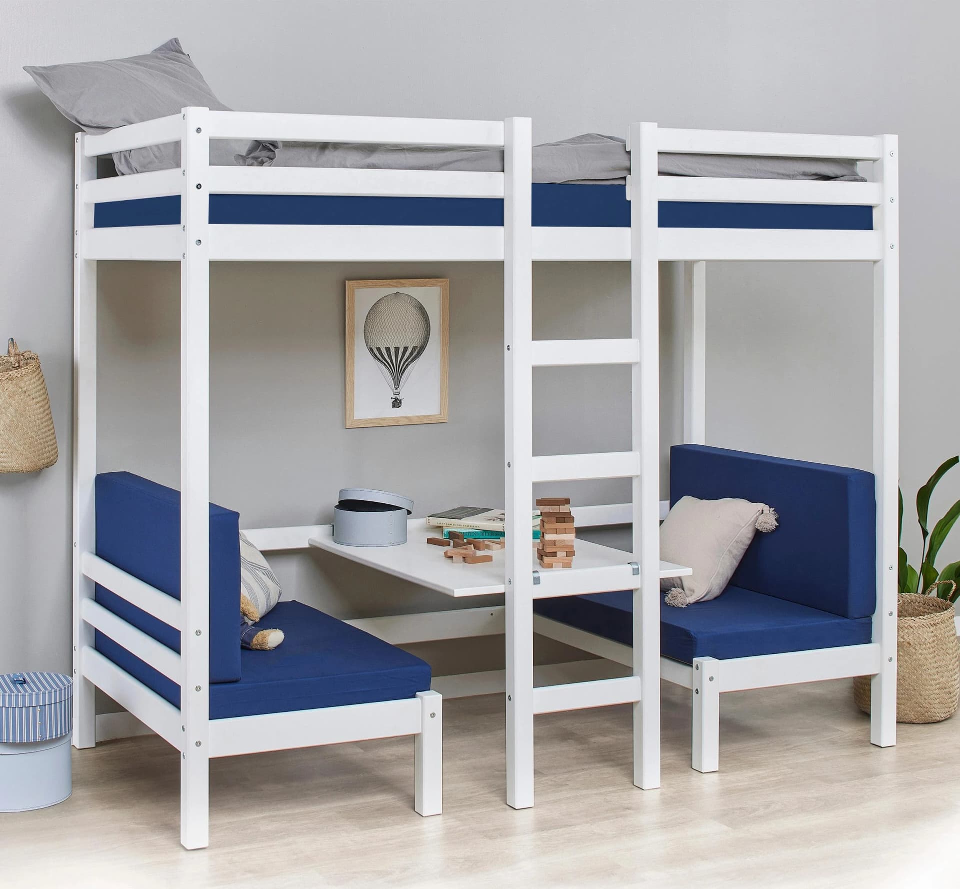 Hoppekids ECO Dream JUMBO Hochbett Weiß mit Matratze und Sitzgruppe