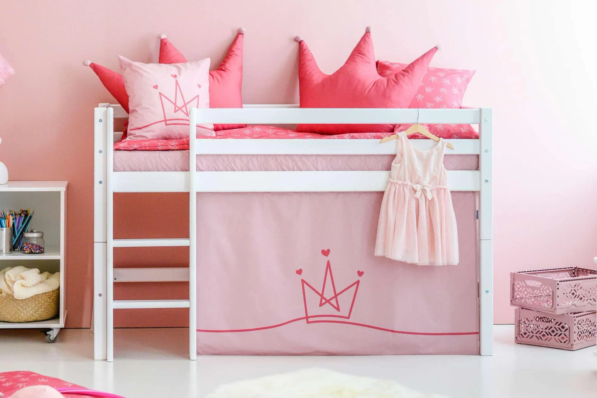 Hoppekids ECO Dream Hochbett Massivholz Weiß/Rosa mit Vorhang
