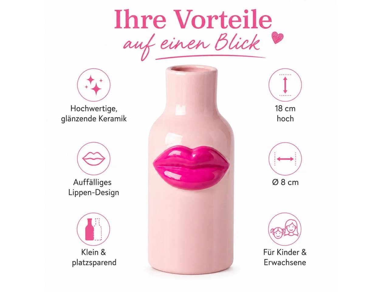 Rice Keramik Vase Kussmund Fuchsia Pink 8x18 cm - Bild 3