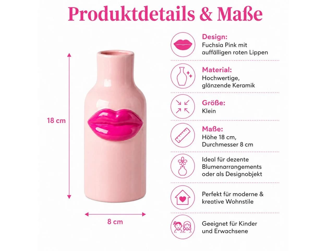 Rice Keramik Vase Kussmund Fuchsia Pink 8x18 cm - Bild 5