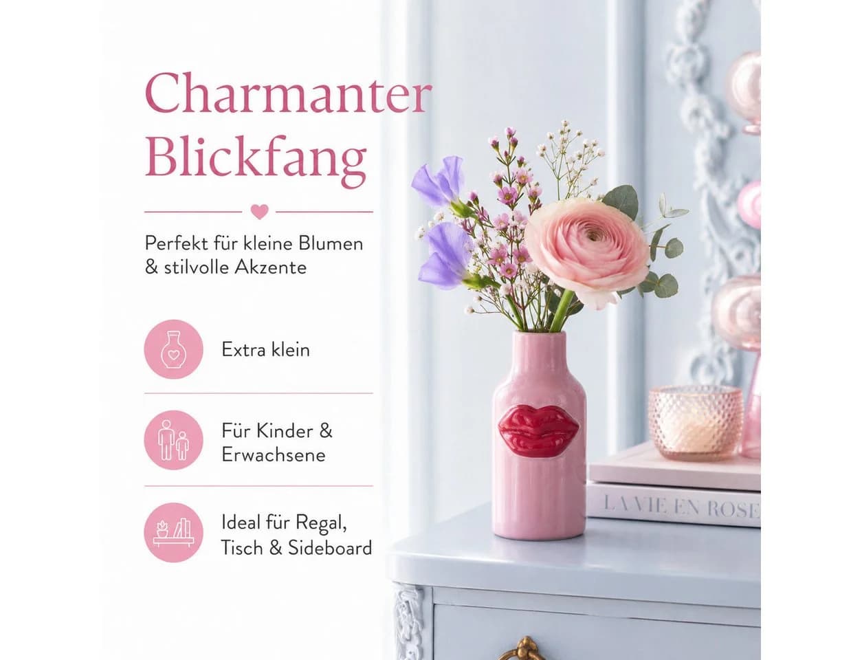 Rice Tischvase Keramik Klein Pink mit Kussmund-Print