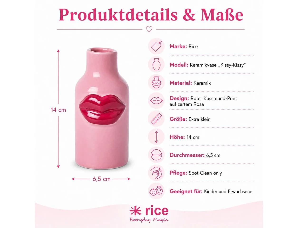 Rice Tischvase Keramik Klein Pink mit Kussmund-Print - Bild 5