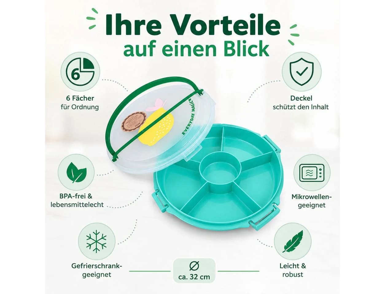 rice Serviertablett mit Deckel Türkis Zitrone Kunststoff 6 Fächer - Bild 4