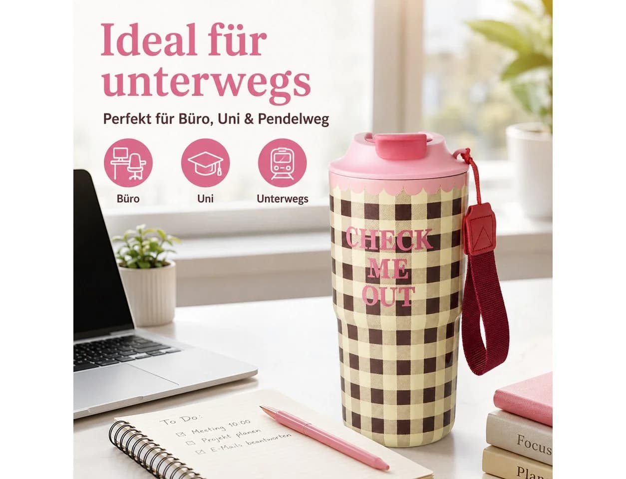 RICE Thermobecher 550 ml Braun/Rosa Karo-Muster