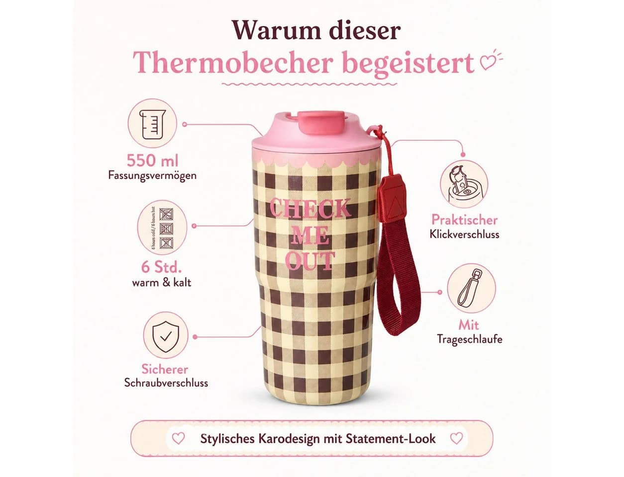 RICE Thermobecher 550 ml Braun/Rosa Karo-Muster - Bild 3