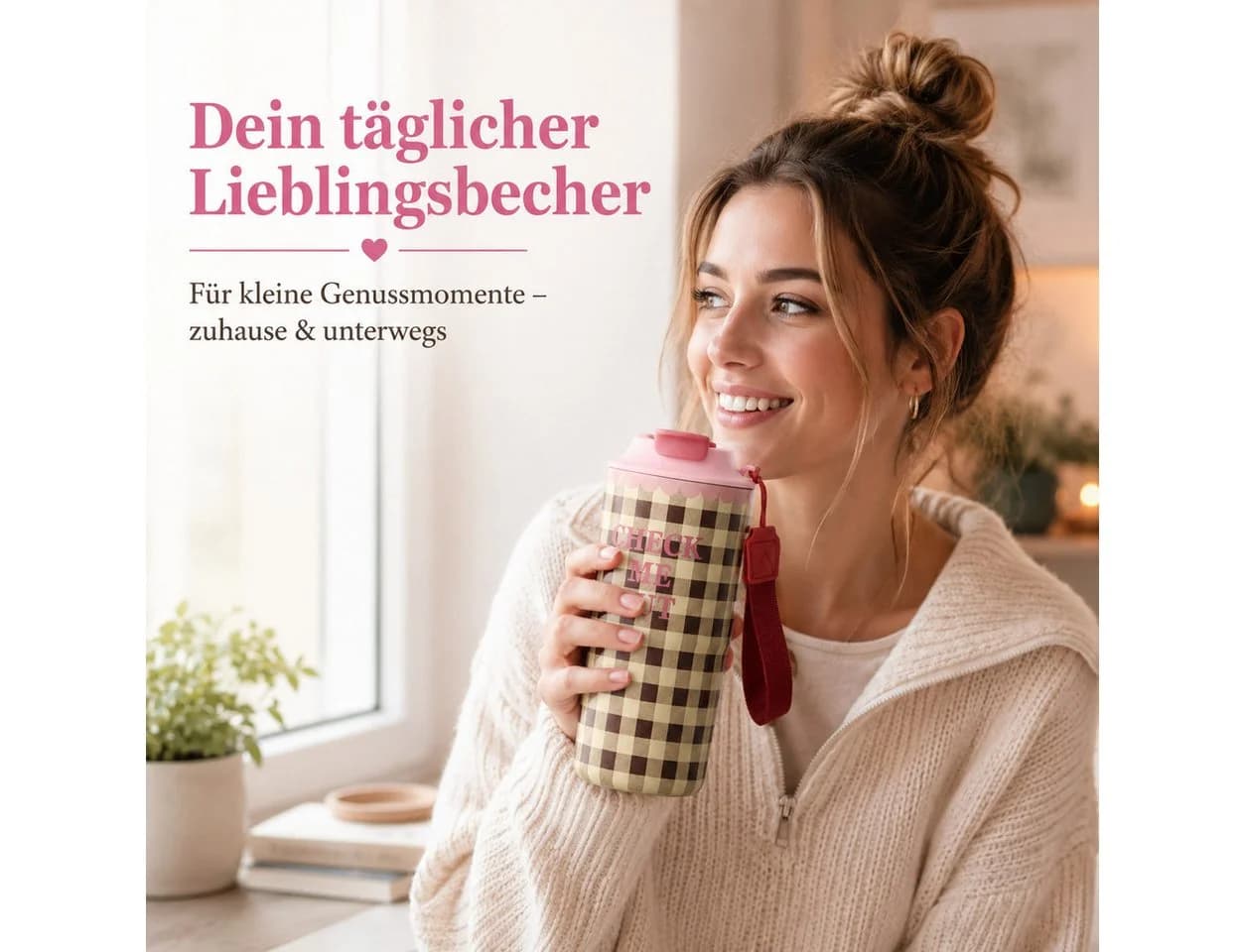 RICE Thermobecher 550 ml Braun/Rosa Karo-Muster - Bild 4