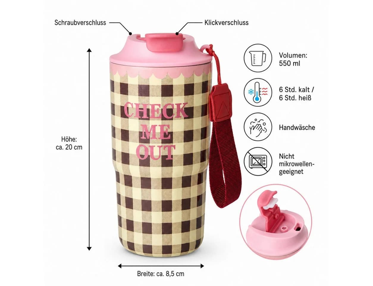RICE Thermobecher 550 ml Braun/Rosa Karo-Muster - Bild 5