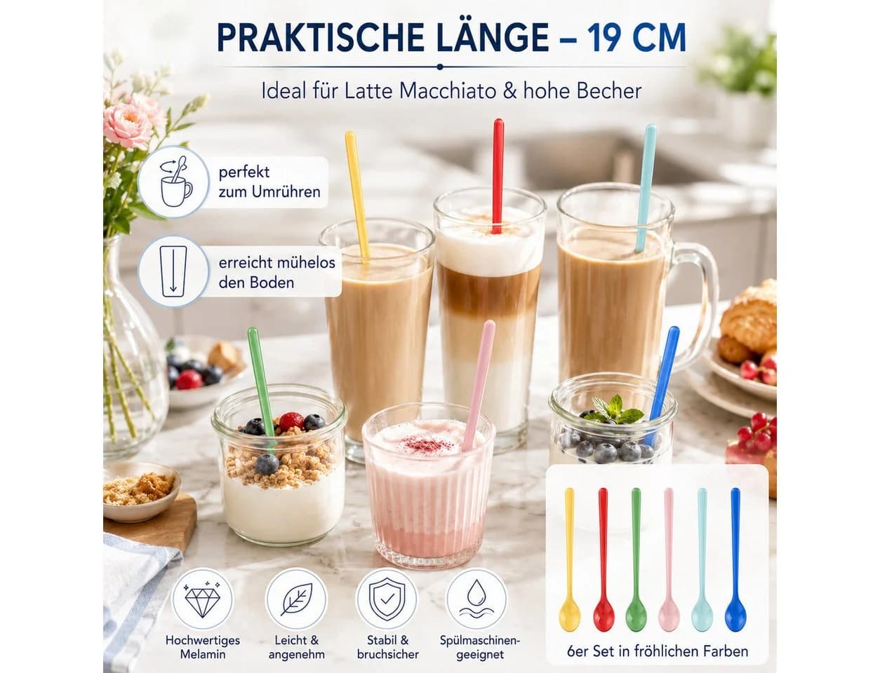 rice Dessertlöffel Set 6er bunt lang Melamin
