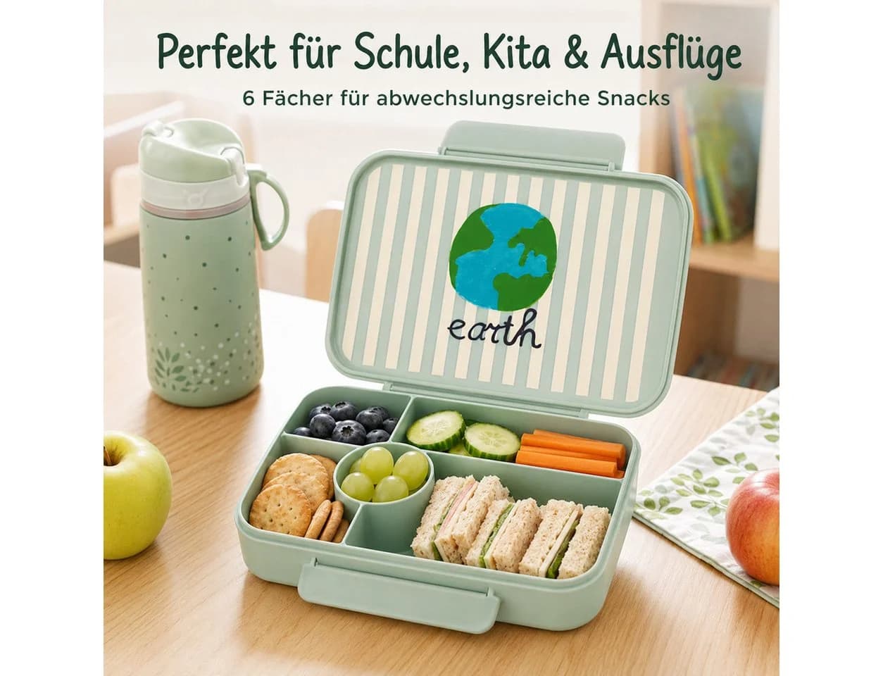 RICE Lunchbox Earth Print 6 Fächer Brotdose PP-Kunststoff BPA-frei