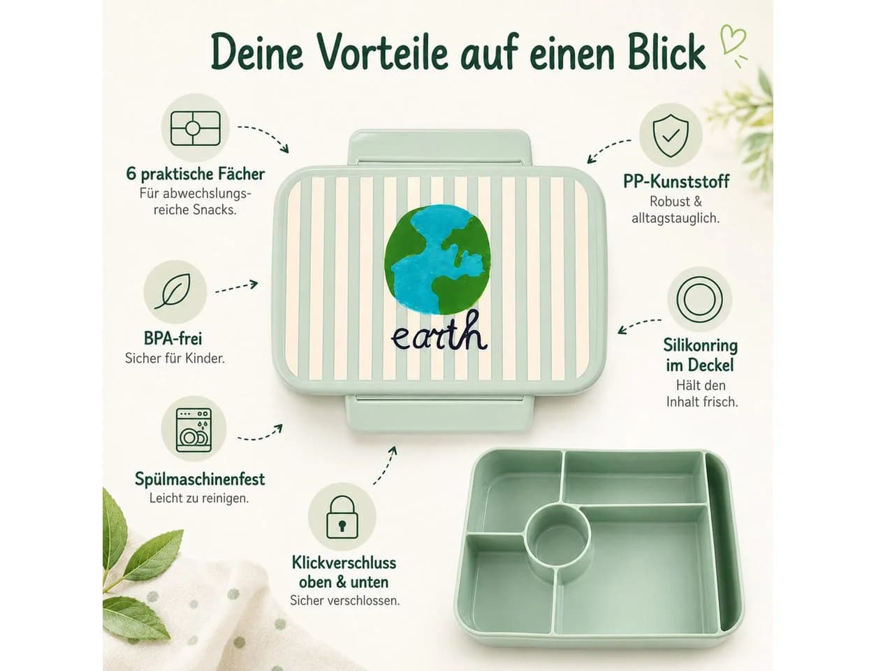 RICE Lunchbox Earth Print 6 Fächer Brotdose PP-Kunststoff BPA-frei - Bild 3