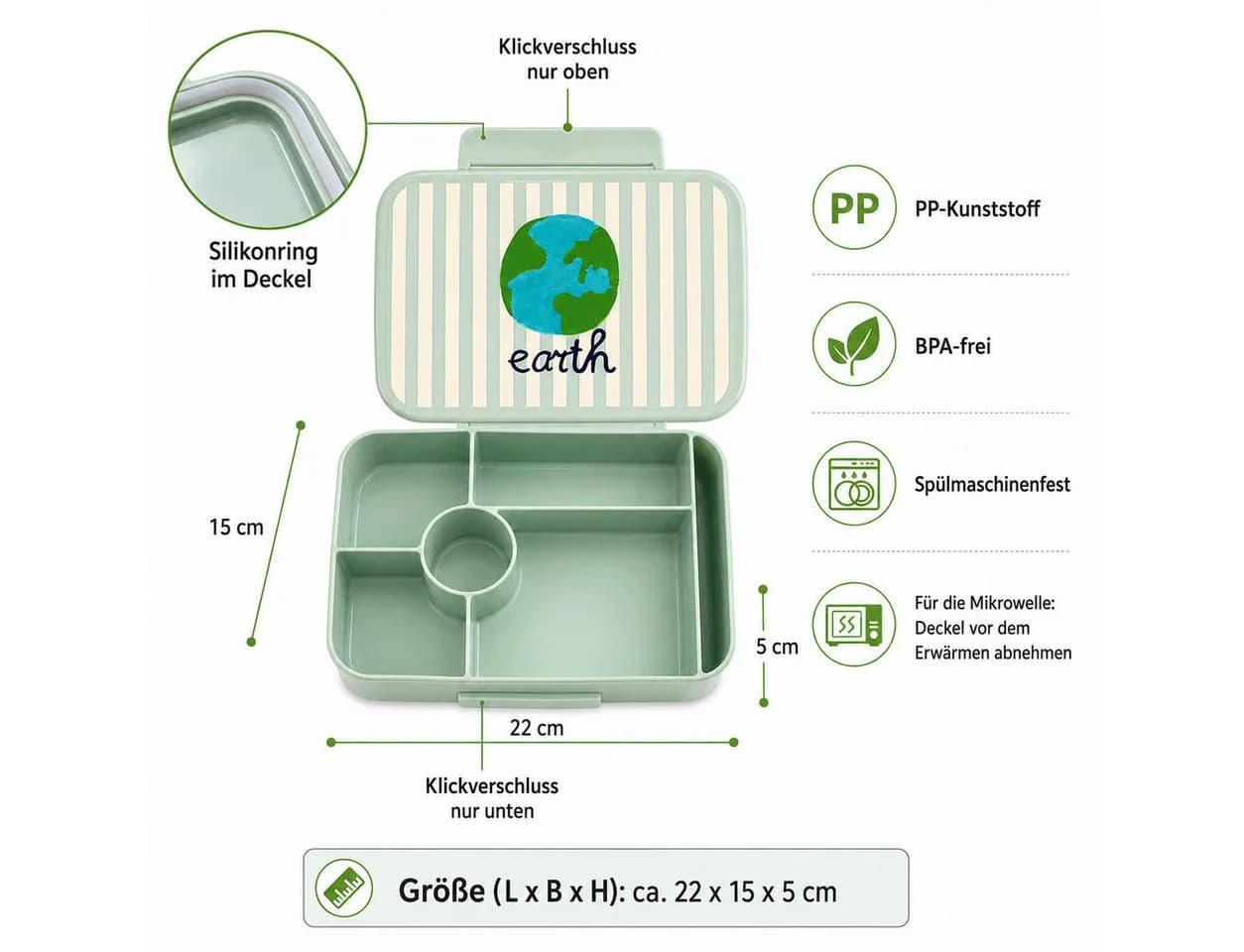 RICE Lunchbox Earth Print 6 Fächer Brotdose PP-Kunststoff BPA-frei - Bild 5