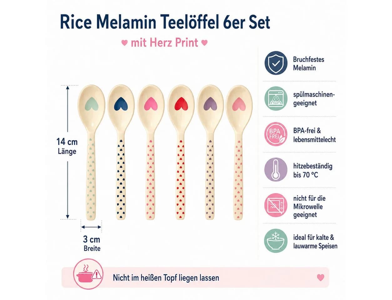 RICE Teelöffel 6er Set Melamin Herz Print Bunt - Bild 5