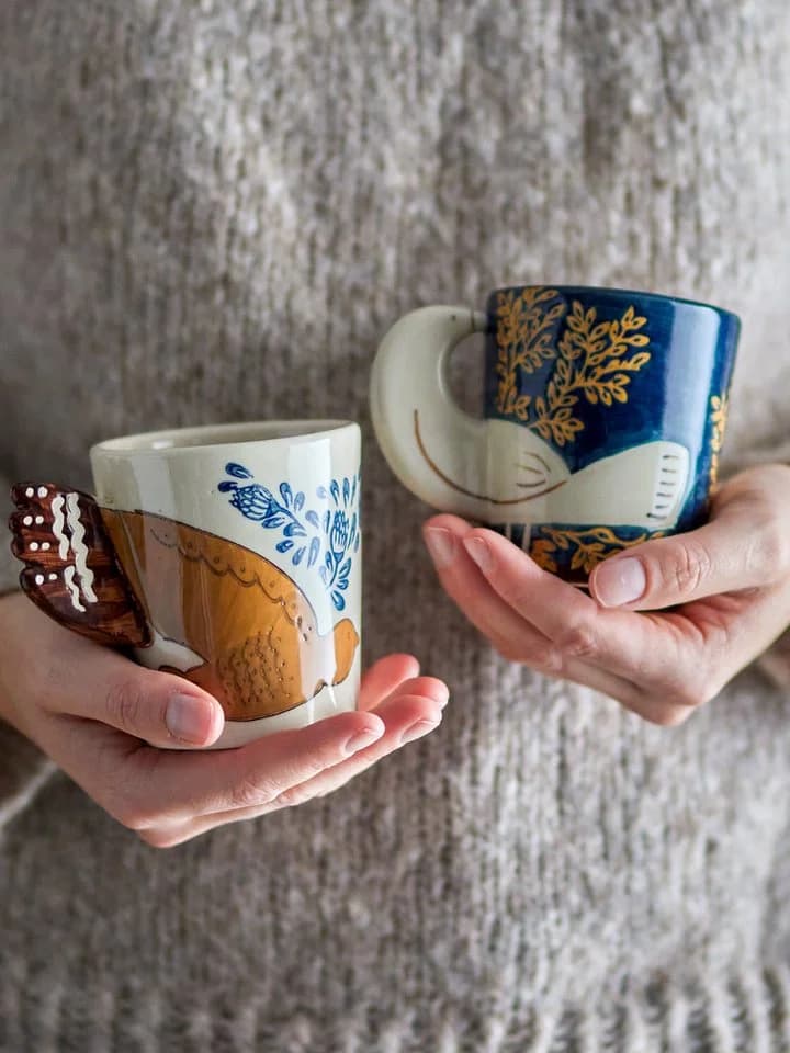 Bloomingville Hezha Tasse Blau 3D-Vogelgriff Steingut - Bild 3