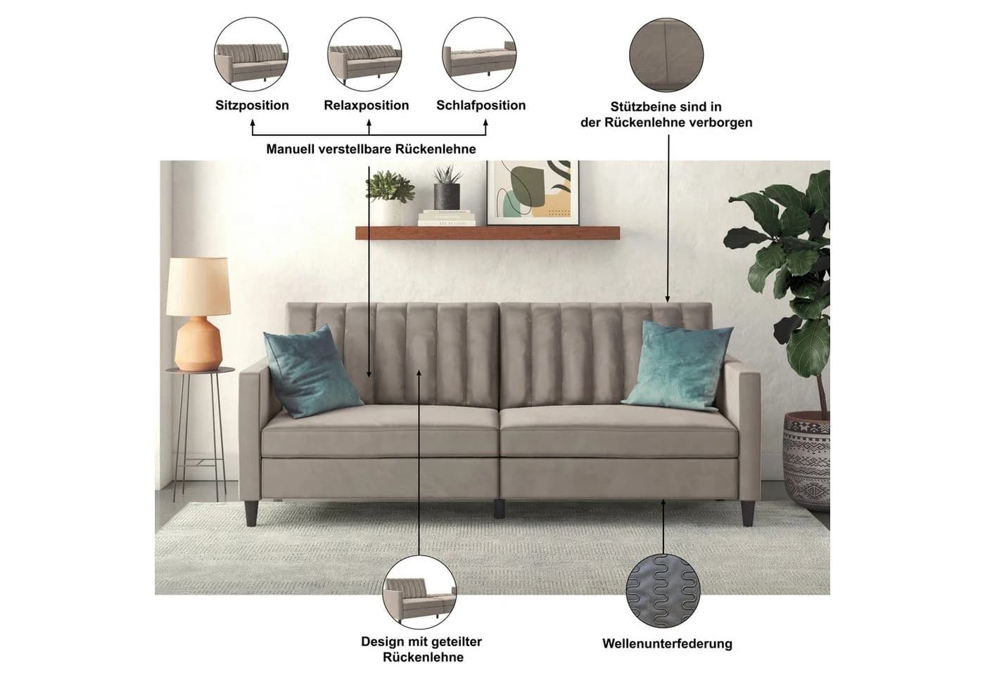DOREL HOME Celine 3-Sitzer Sofa Taupe Samtvelours Verstellbar - Bild 3