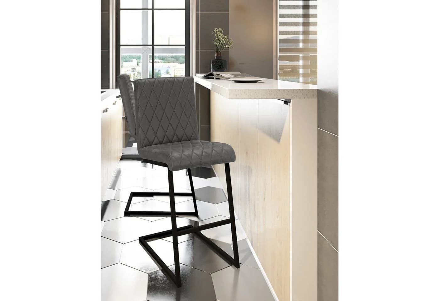 loft24 Stuhl William Barstuhl Grau Mikrofaser (2er Set)