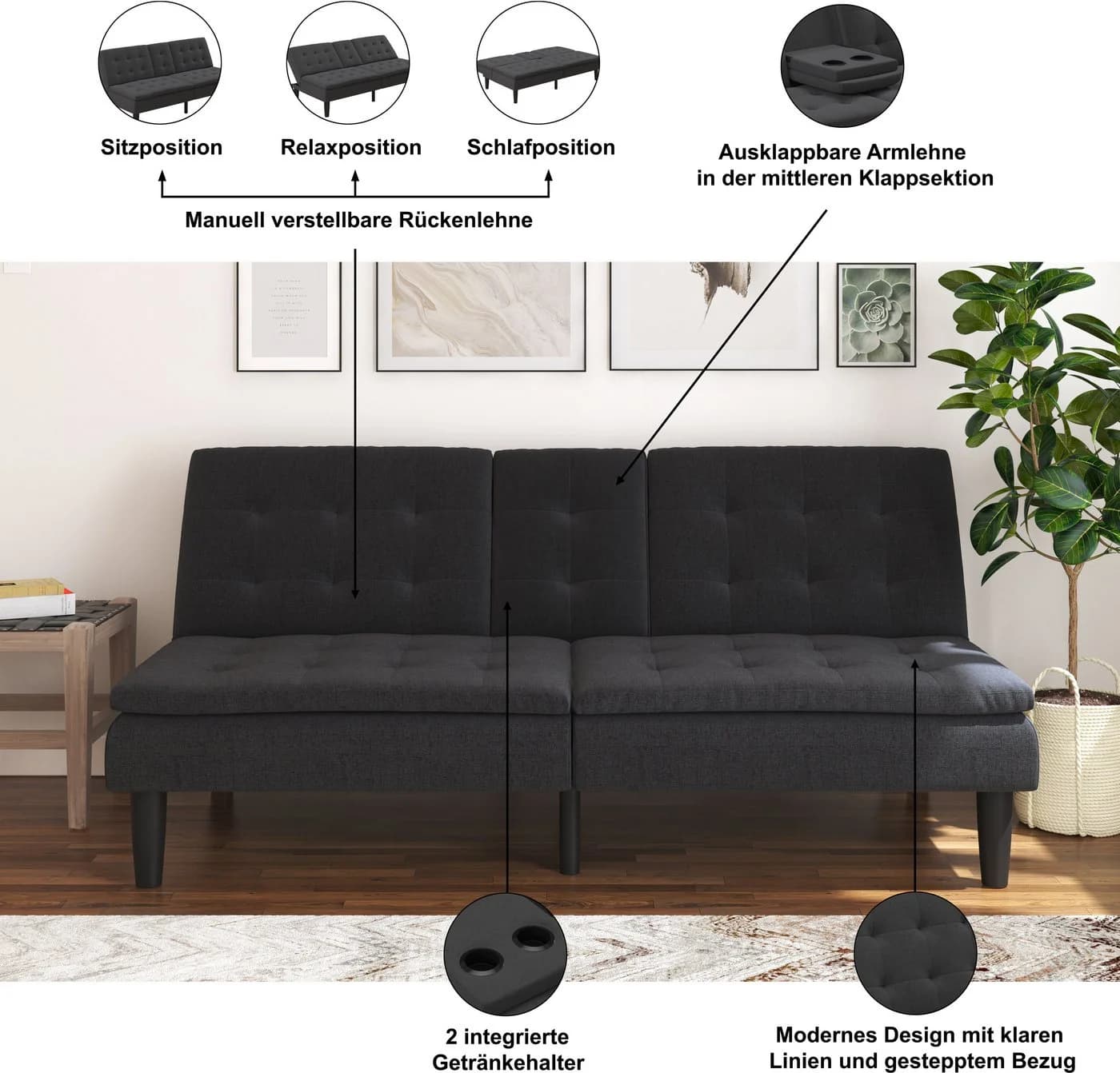 DOREL HOME Schlafsofa Maine Schwarz mit Relaxfunktion und Getränkehaltern - Bild 3