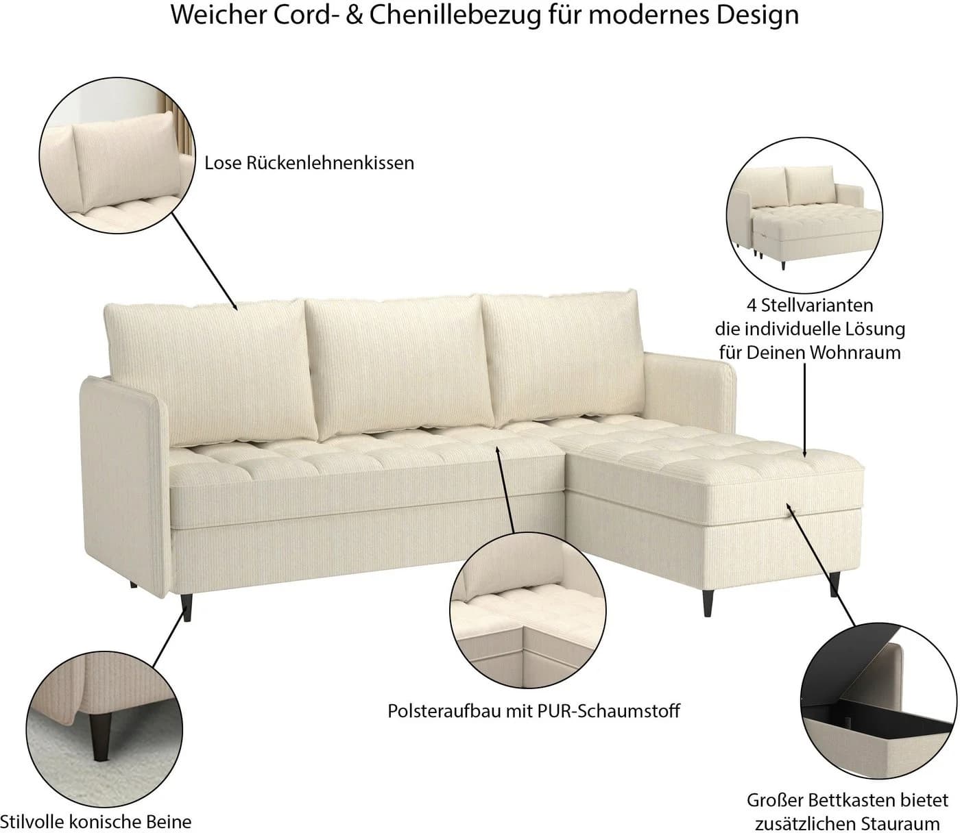DOREL HOME Ecksofa LINDHUS L-Form Beige Cord Stauraum - Bild 3