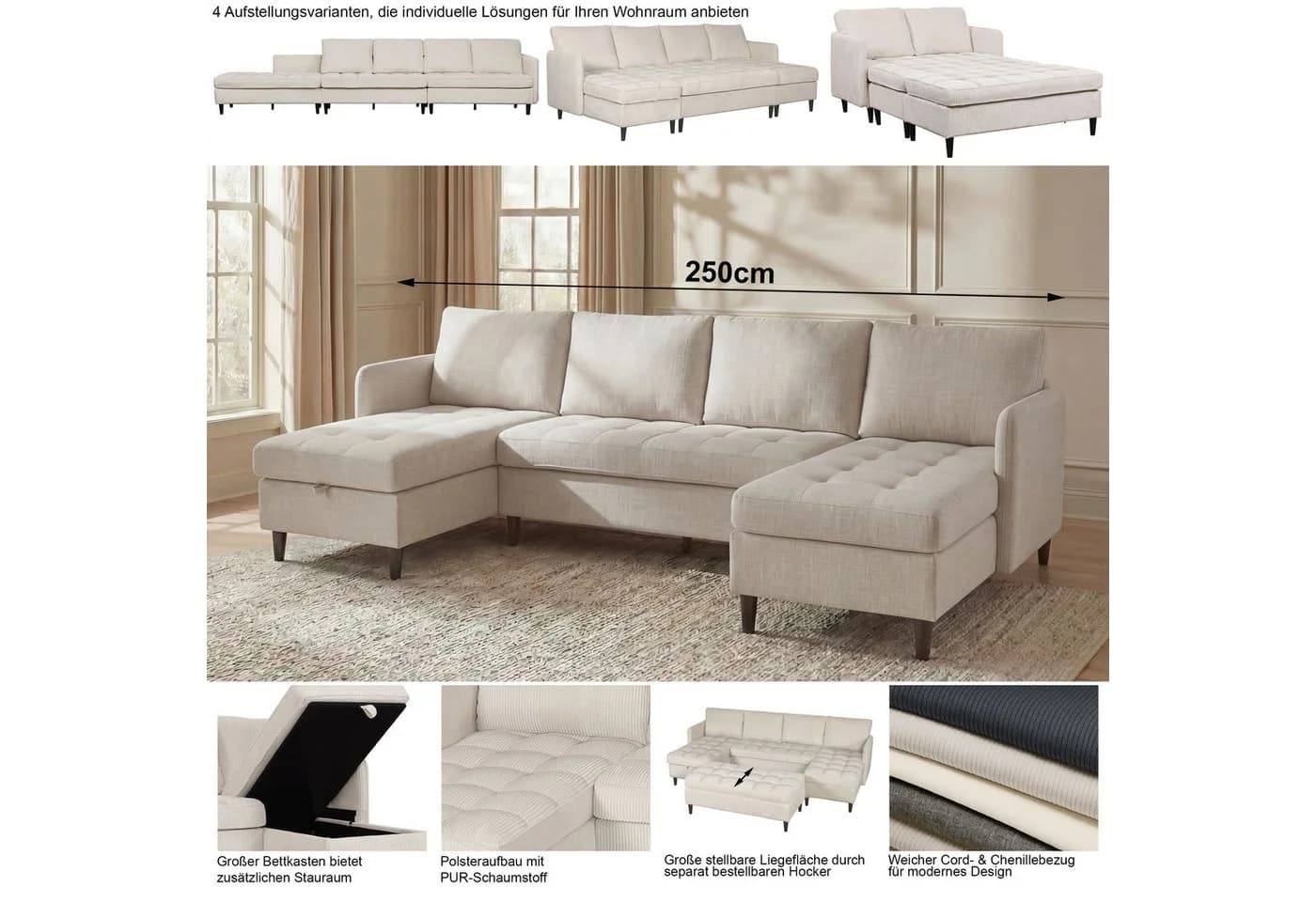 DOREL HOME Wohnlandschaft LINDHUS U-Form Creme Modulsofa - Bild 3