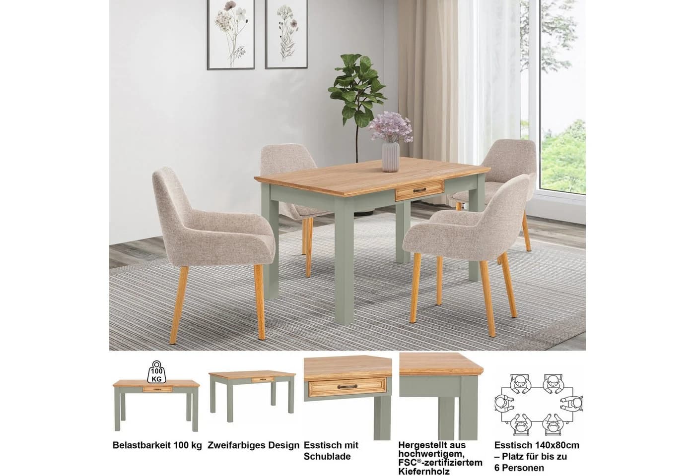 OTTO home Esstisch Selma mit Schublade Massivholz Kiefernholz - Bild 3