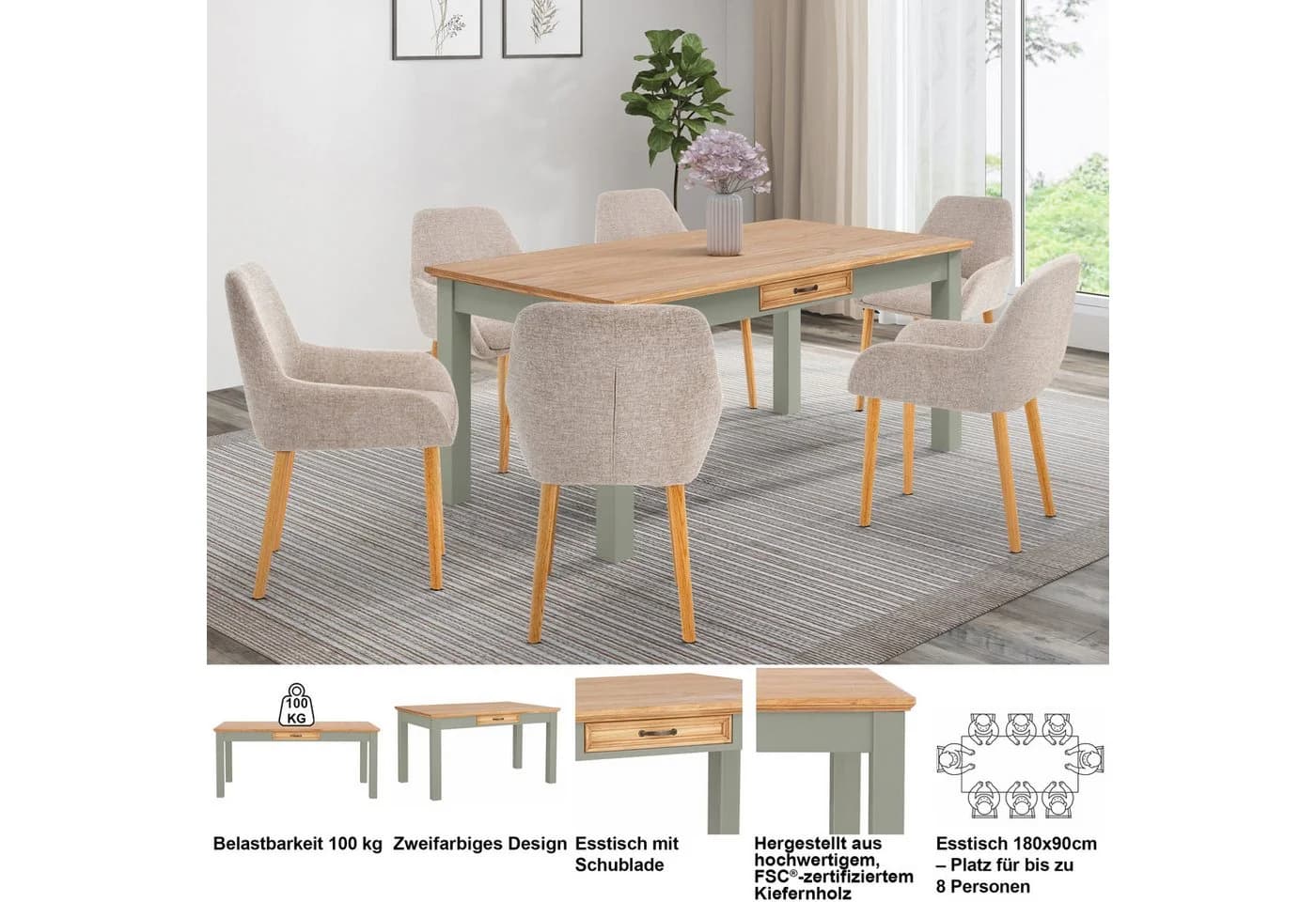 OTTO home Esstisch Selma mit Schublade Massivholz Kiefernholz - Bild 3