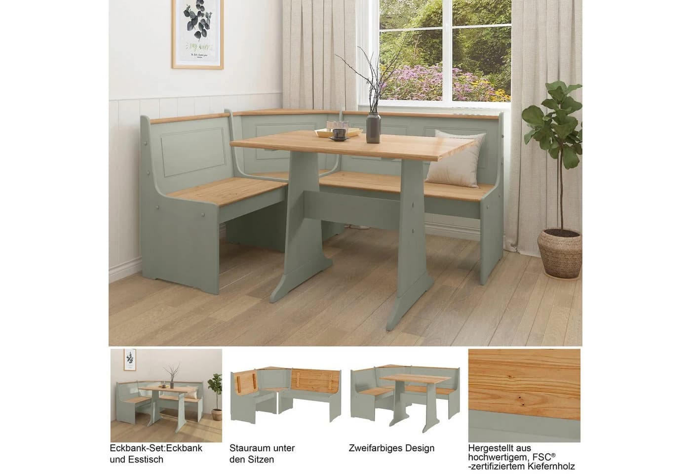 OTTO HOME Essgruppe Sascha Eckbank mit Tisch Massivholz Salbei - Bild 3
