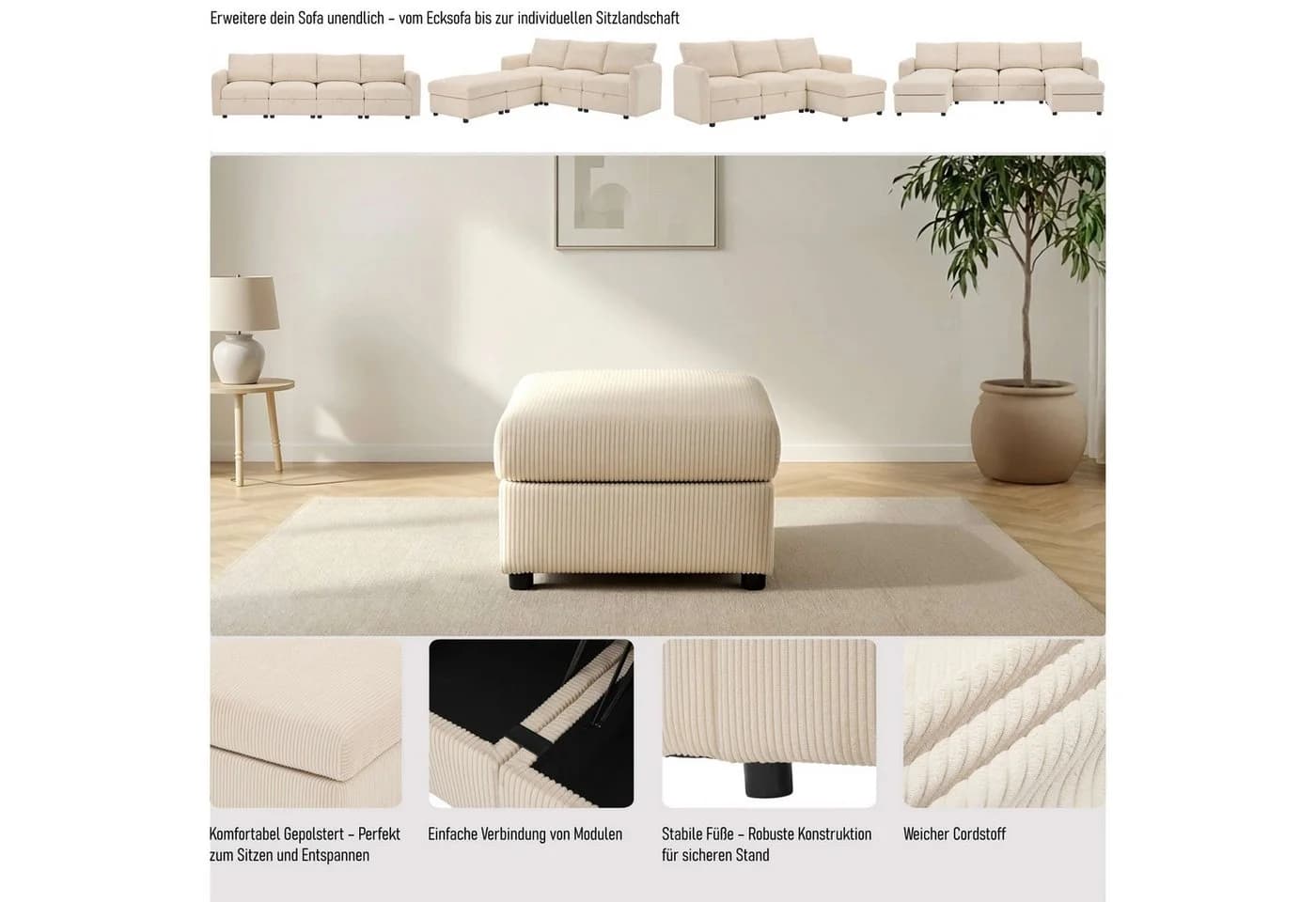 Dorel Home Polsterhocker STILHUS Cord Schwarz 65 cm - Bild 3