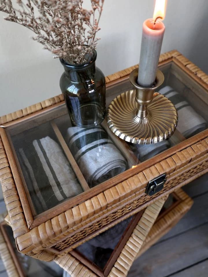 Chic Antique Holzkiste mit 4 Fächern und Glaseinsatz Rattan Natur