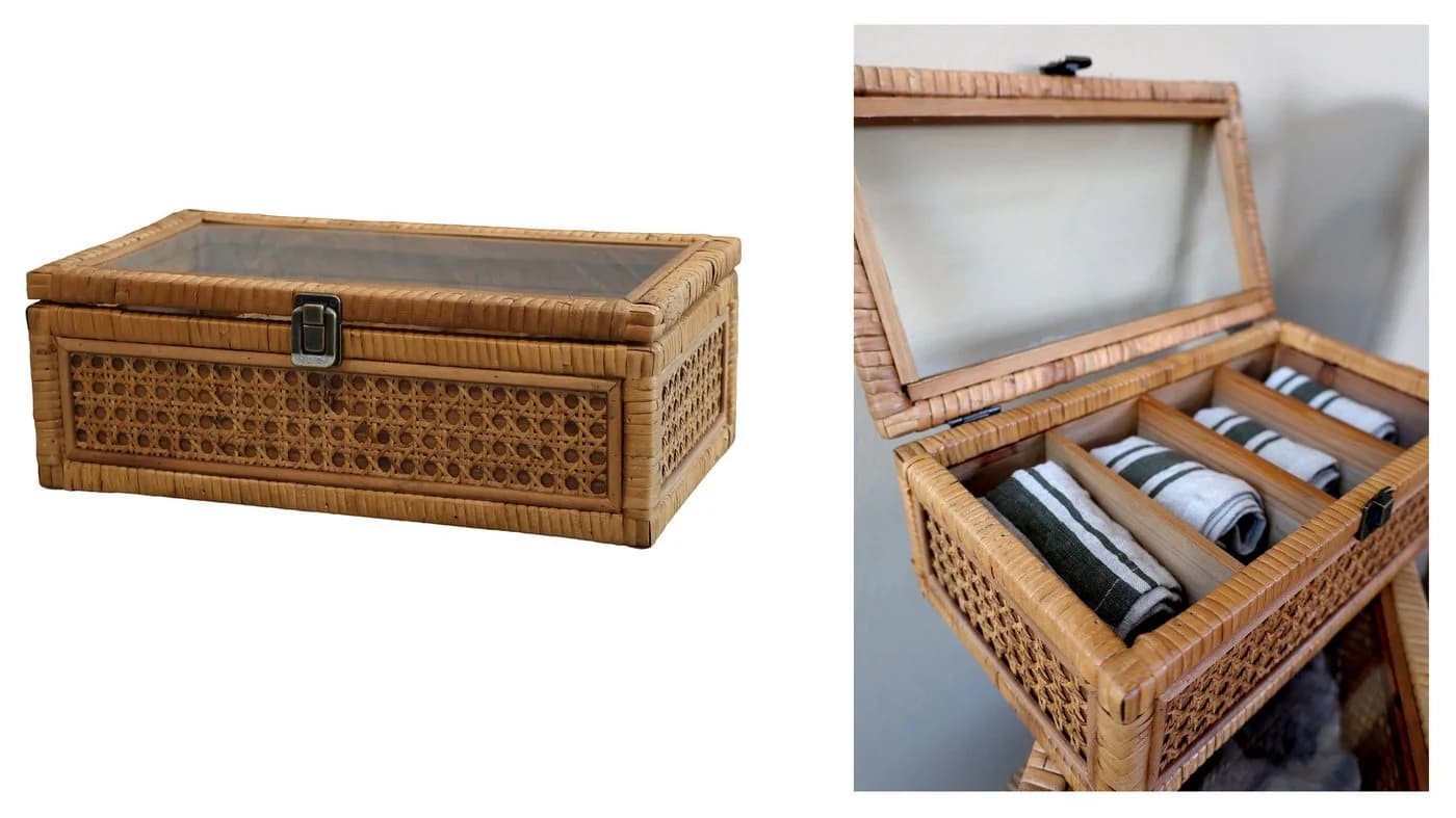Chic Antique Holzkiste mit 4 Fächern und Glaseinsatz Rattan Natur - Bild 2