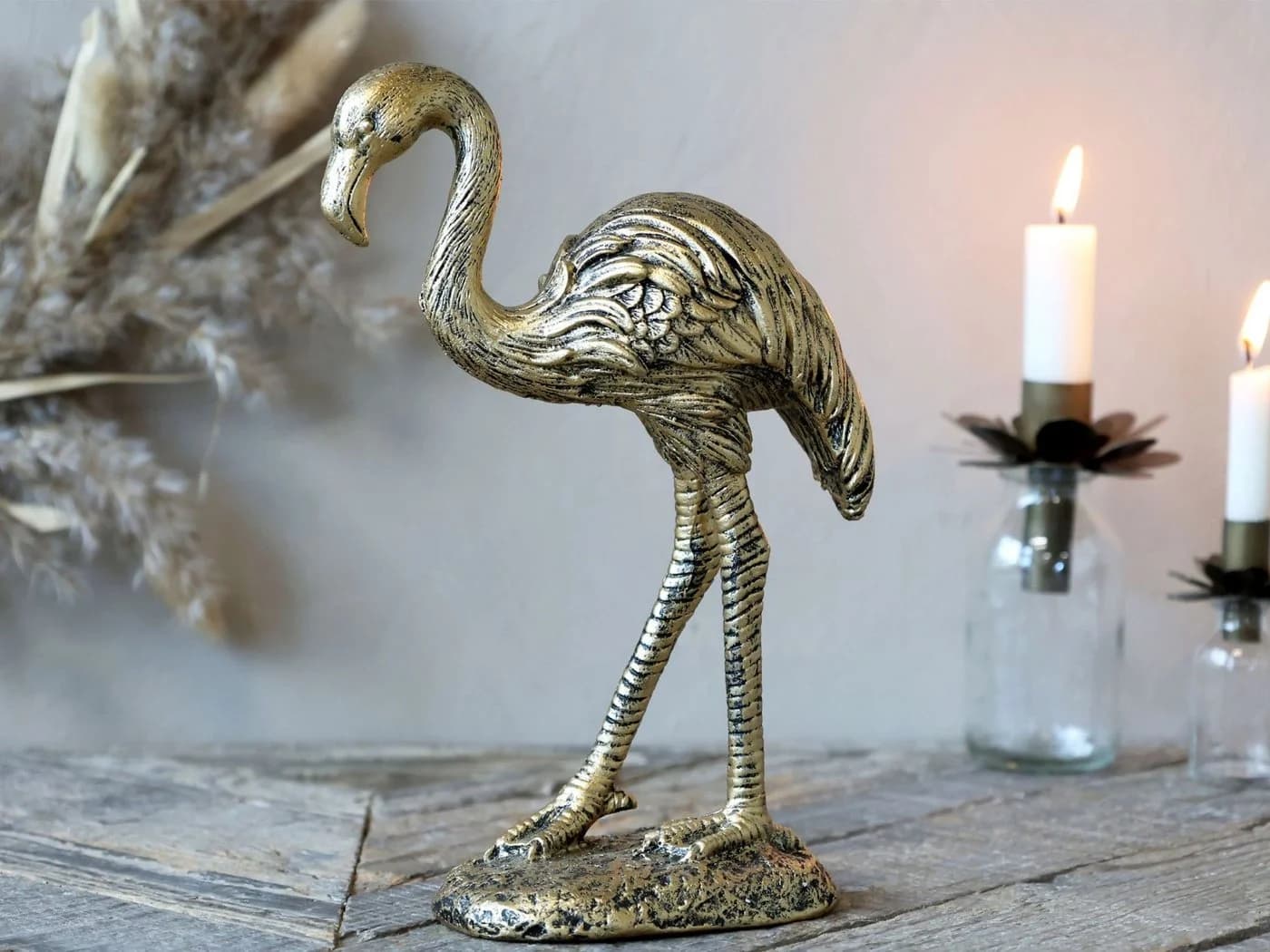 Dekofigur Flamingo Antik-Gold Polyresin Vintage Look