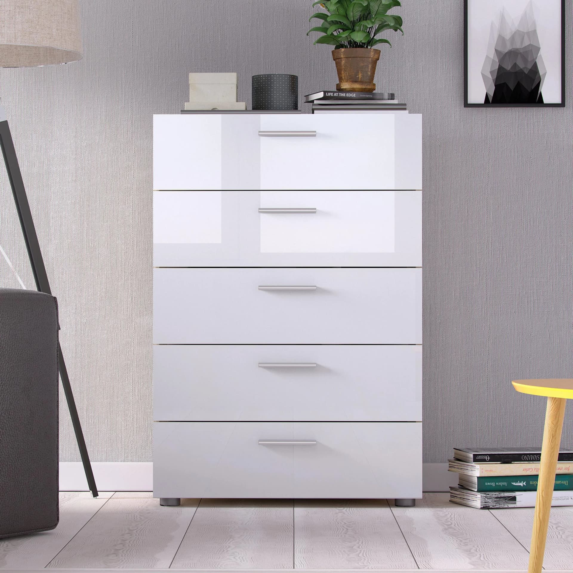 INOSIGN Pepe Highboard Kommode Weiß Eiche strukturiert 5 Schubladen
