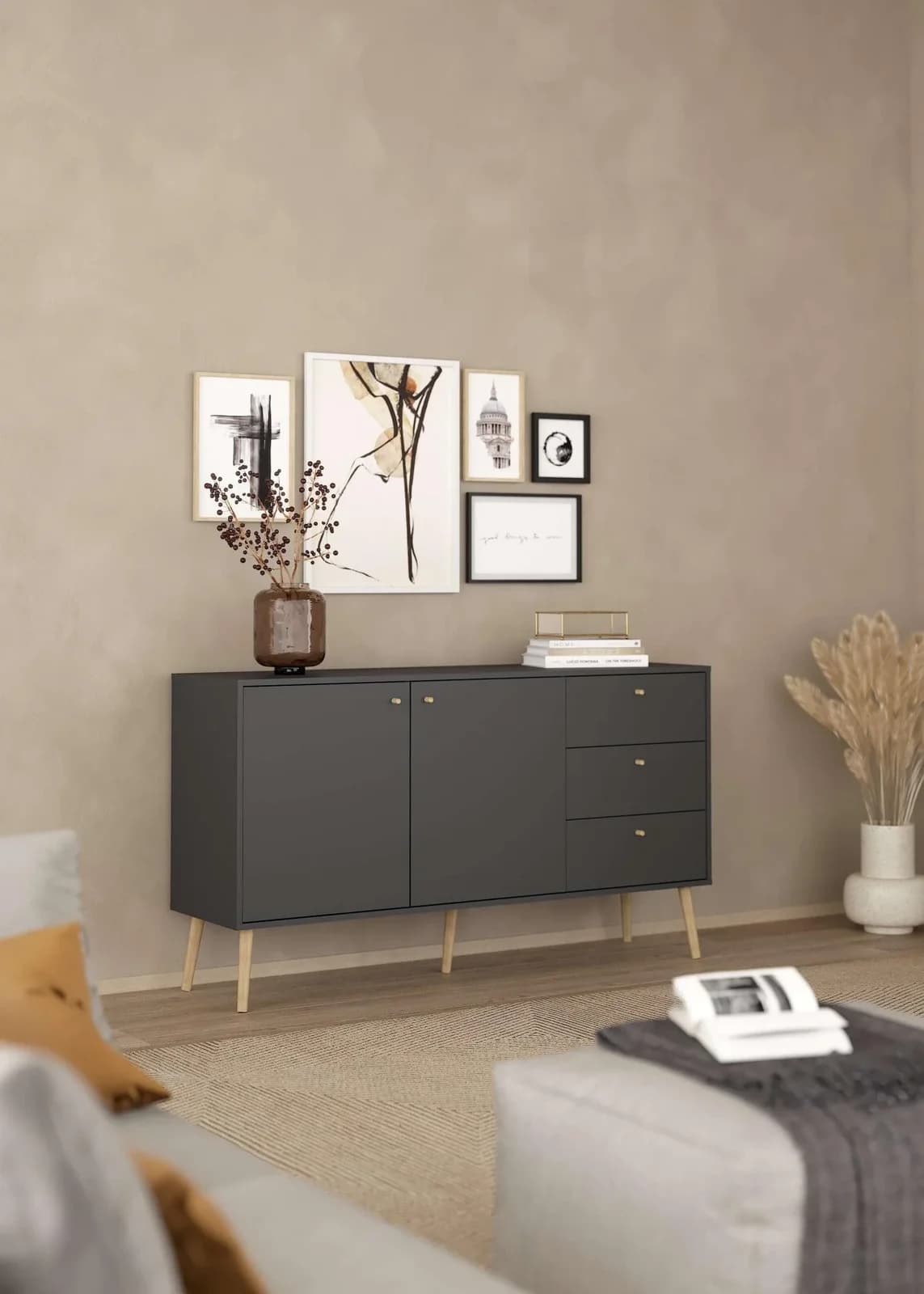 Sideboard ANDAS Bodo Grau Matt mit 2 Türen und 3 Schubladen