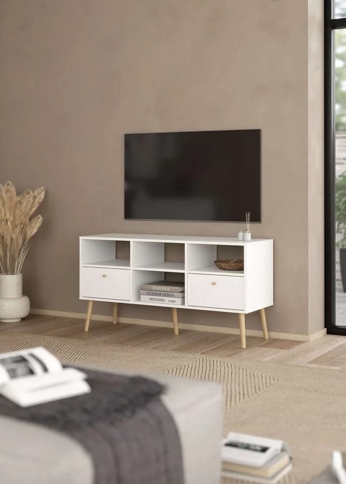 TV-Board ANDAS Bodo TV-Möbel, TV-Unit, Mediamöbel, Regal, 2 Schubladen und 4 offene Fächer, Beine und Griffe aus Massivholz - Bild 2
