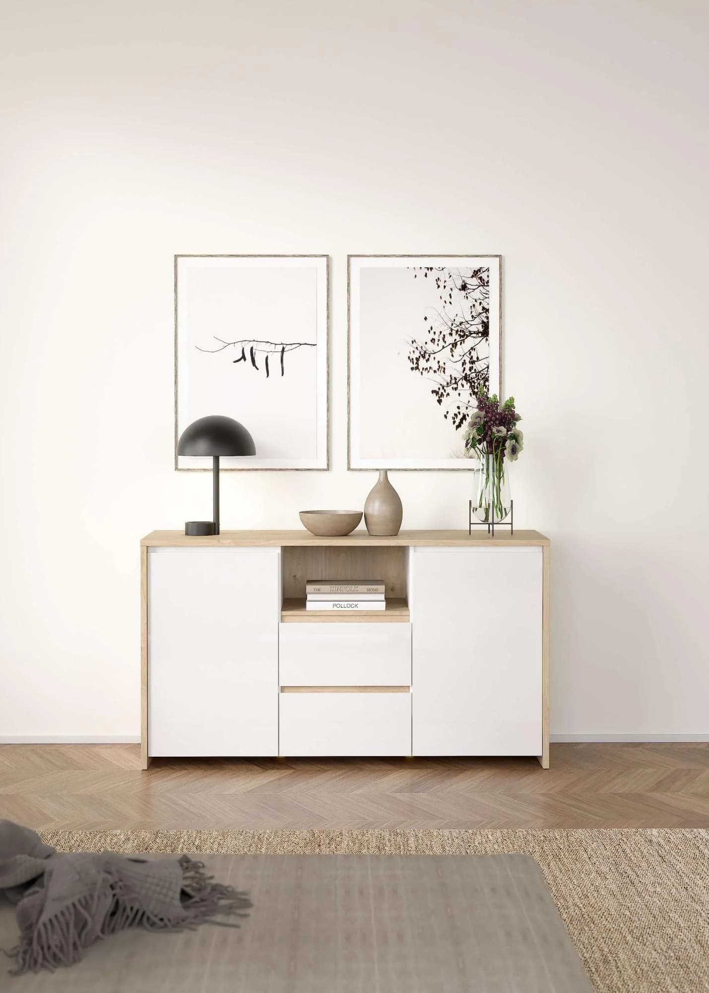 INOSIGN Sideboard Next Braun/Weiß Hochglanz 2 Türen 2 Schubladen