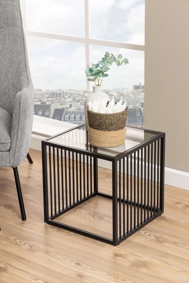ACTONA GROUP Couchtisch Strington Beistelltisch, Ecktisch, schwarzer Marmoroptik, vertikalen Metalllamellen