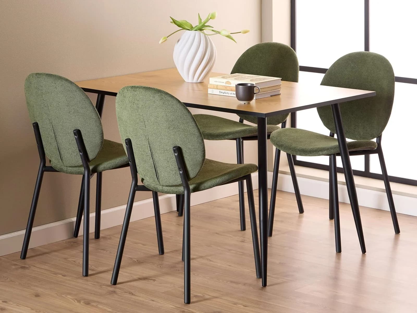 Esszimmer-Set ACTONA GROUP Esspruppe, Speisetisch mit Wohnzimmerstühlen, Beige, Wildeiche, Waldgrün, 120x80x75 cm