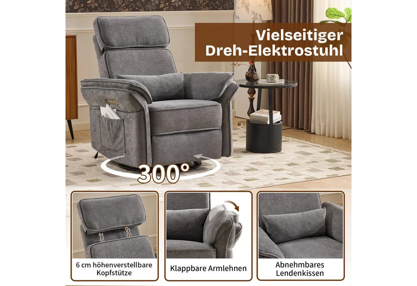 LALAHO Elektrofunktionssessel Grau mit Wipp- und Heizfunktion - Bild 4