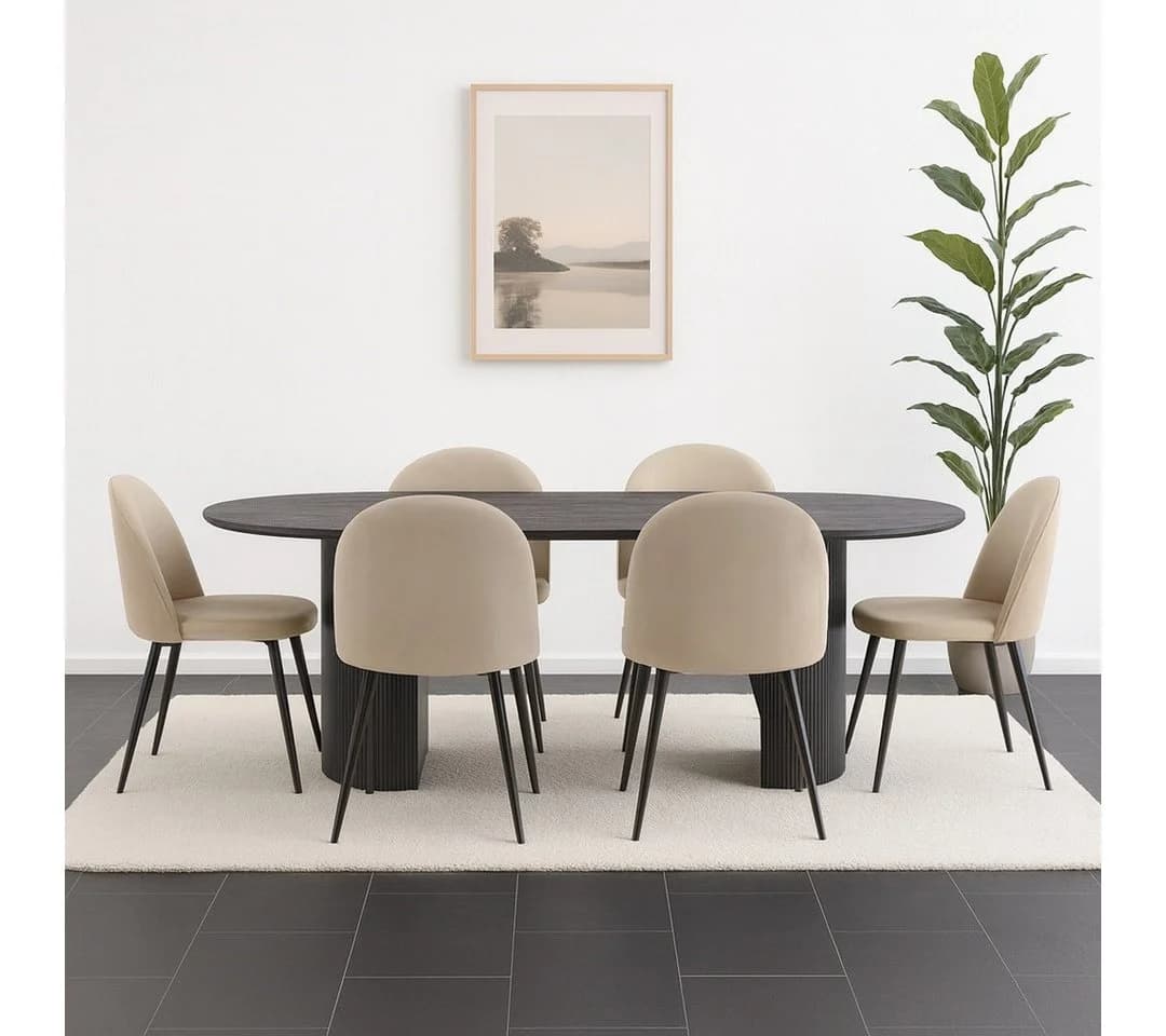 ebuy24 Essgruppe Kyoto 7-tlg. Esstisch dunkelbraun mit 6 beige Samtstühlen