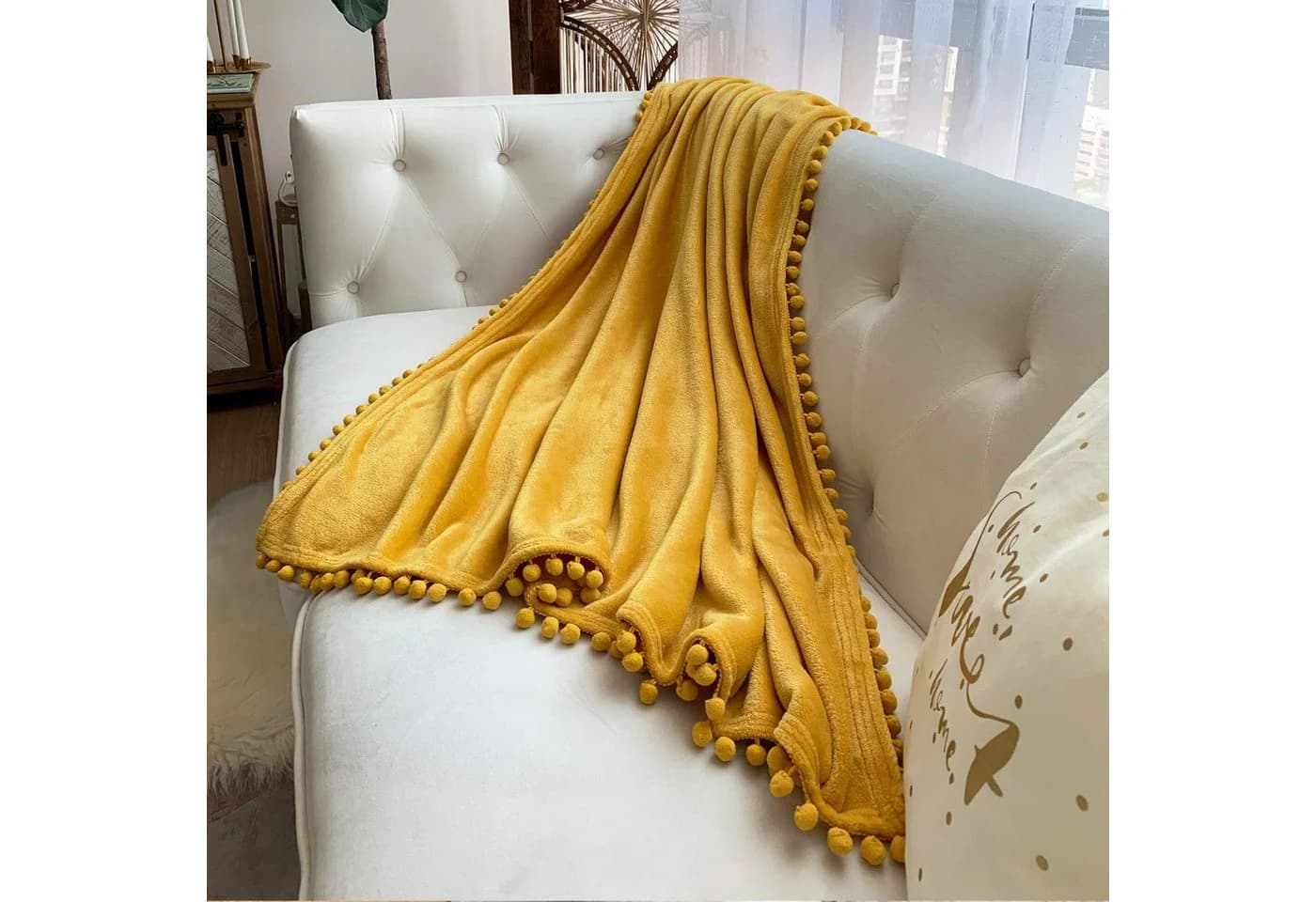 LOMAO Wohndecke Flanell Kuscheldecke mit Pompons - Bild 4