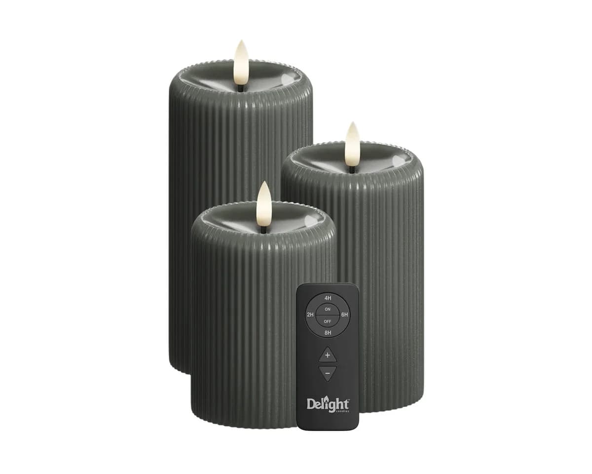 Deluxe Homeart LED-Stumpenkerzen 3er Set Dunkelgrau Stripe